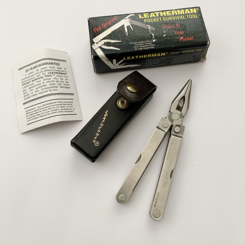 Original Leatherman Pocket Survival Multi Tool 1992 Leather Sheath NIB USA
